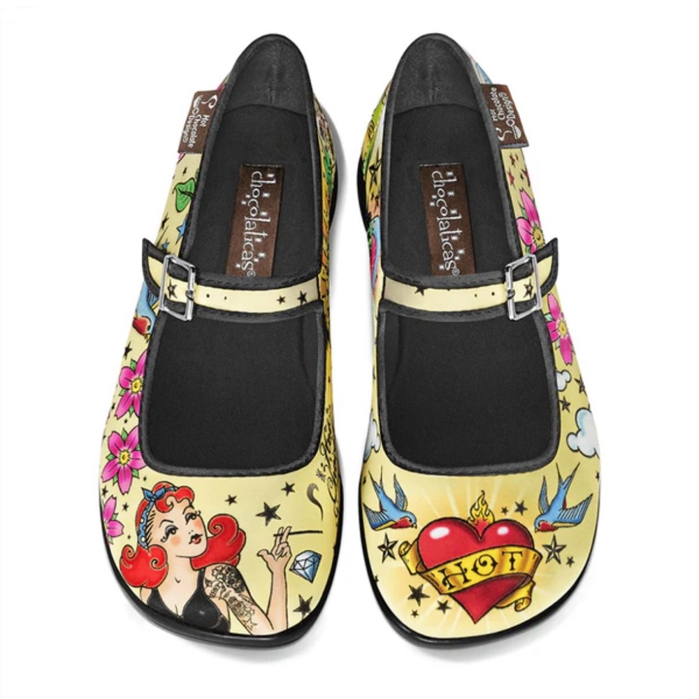 Hot Chocolate Design Women's Tattoo Art Mary Janes - Black, Yellow, Red